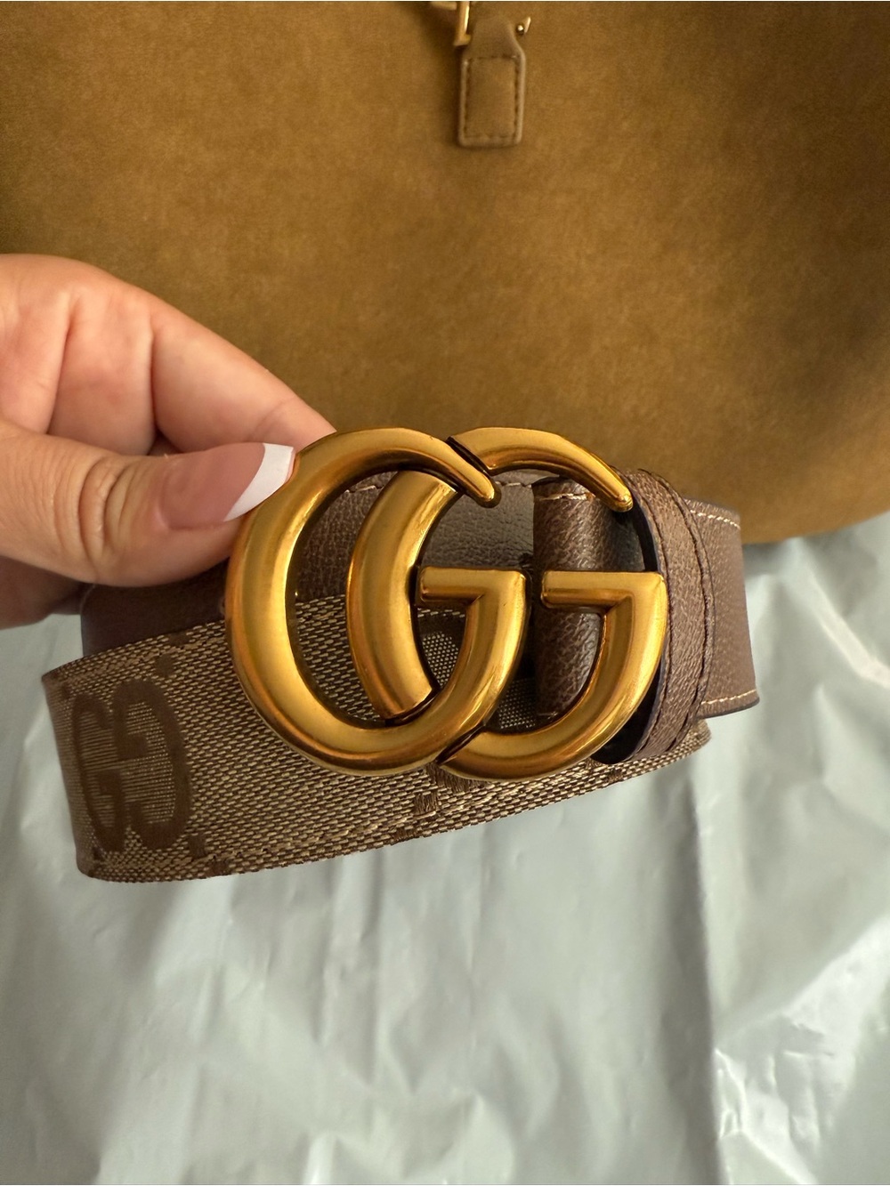Gucci Brown Monogram Canvas Belt with Gold Double G Buckle